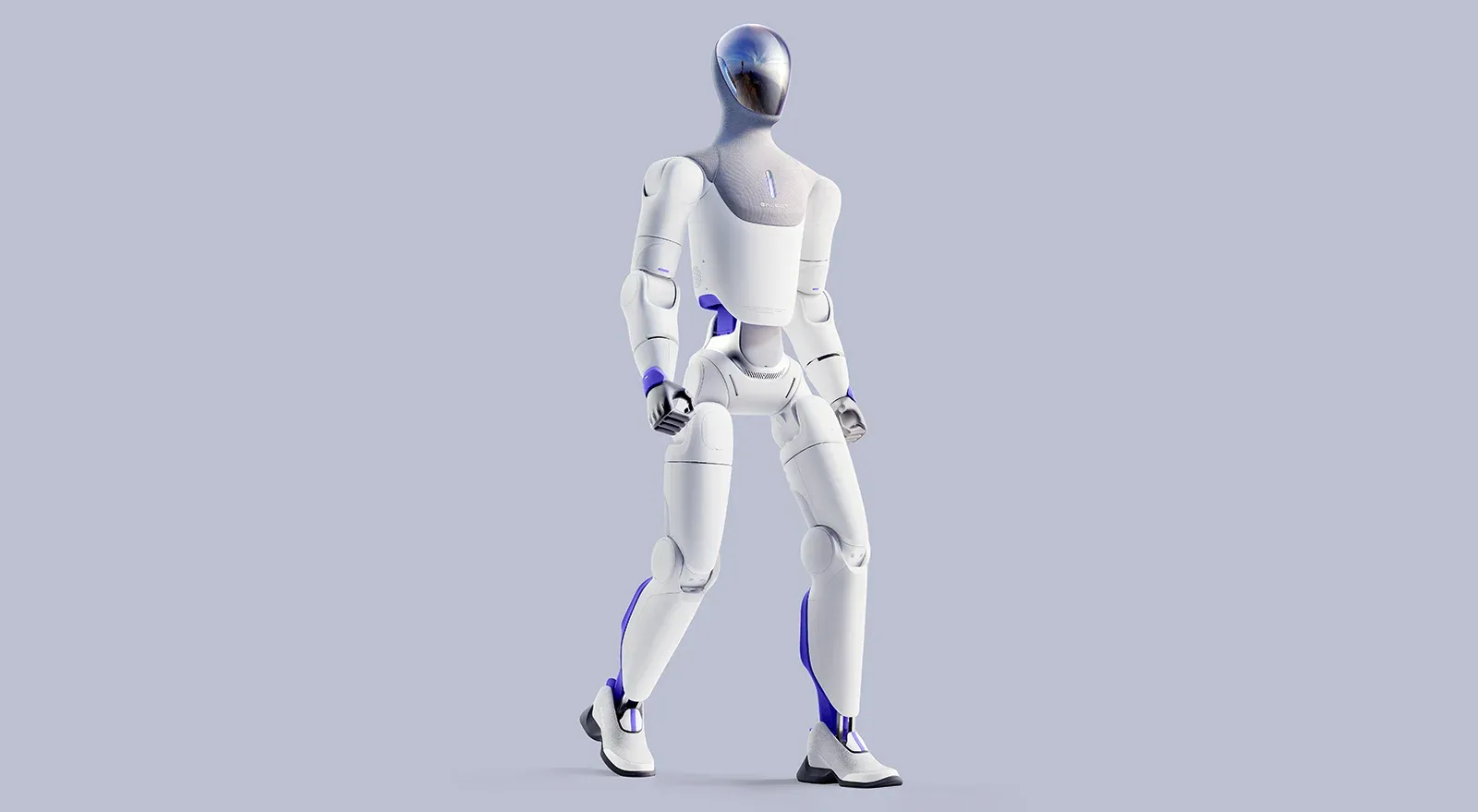 Humanoid Galbot ET1 s bijelim oklopom i ljubičastim detaljima na svijetlosivoj pozadini
